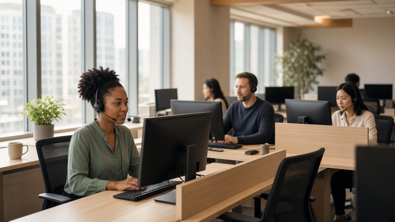 Contact center agents wearing headsets at their desks